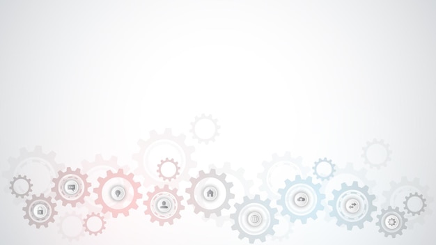 Tecnología de la información con elementos infográficos e iconos planos. Mecanismos de engranajes y piñones. Tecnología e ingeniería digital de alta tecnología. Fondo técnico abstracto.