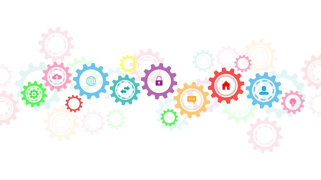 Tecnología de la información con elementos infográficos e iconos planos. Mecanismos de engranajes y piñones. Tecnología e ingeniería digital de alta tecnología. Fondo técnico abstracto.