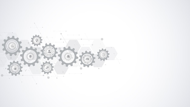 Tecnología de la información con elementos infográficos e iconos planos. Mecanismos de engranajes y piñones. Tecnología e ingeniería digital de alta tecnología. Fondo técnico abstracto.