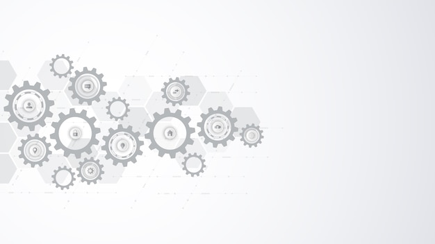 Tecnología de la información con elementos infográficos e iconos planos. piñones y mecanismos de rueda dentada. tecnología e ingeniería digital de alta tecnología. fondo técnico abstracto.