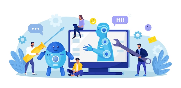 Vector tecnología de innovación de automatización de procesos robóticos la gente desarrolla chatbots con herramientas electrónicas software inteligencia artificial en marketing preguntas frecuentes chat bot asistente virtual soporte al cliente