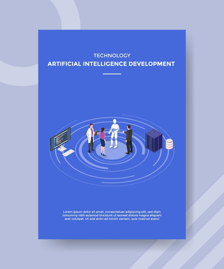 Vector tecnología inteligencia artificial desarrollo personas de pie frente robot