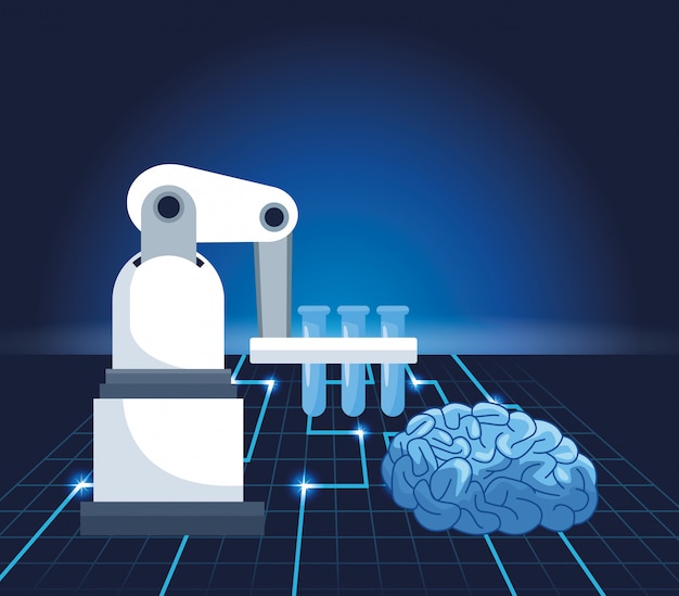 Vector tecnología de inteligencia artificial frascos de laboratorio de brazo robótico y cerebro humano