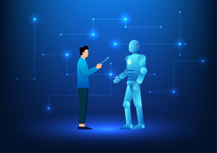 Vector tecnología de inteligencia artificial ingeniero comprobando datos en un robot que utiliza el sistema de ia