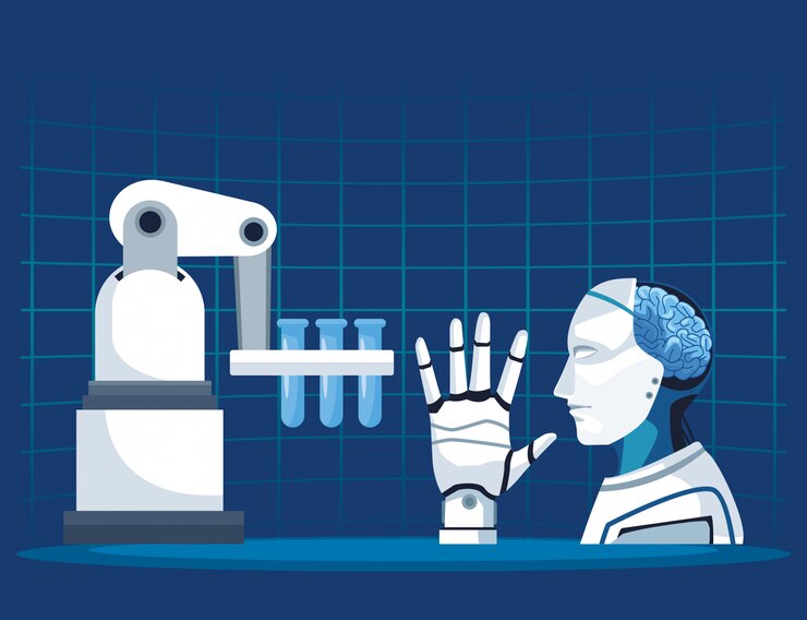 Vector tecnología de inteligencia artificial robot robótico cyborg con cerebro y mano mecánica