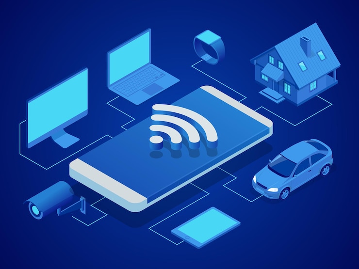 Vector tecnología inteligente isométrica para controlar la casa, la computadora, el reloj inteligente, la máquina, la videovigilancia, la tableta. sistema de seguridad de casa inteligente. ilustración de vector moderno de estilo de diseño plano.