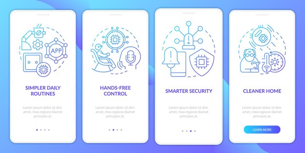 Tecnología inteligente para personas mayores pantalla de aplicación móvil de incorporación de degradado azul Recorrido de 4 pasos páginas de instrucciones gráficas con conceptos lineales UI UX Plantilla de GUI Myriad ProBold Fuentes regulares utilizadas