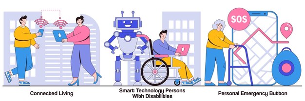 Tecnología inteligente de vida conectada para personas con discapacidad conceptos de botón de emergencia personal con personajes de personas Paquete de ilustración vectorial de dispositivos inteligentes Metáfora de tecnología IoT