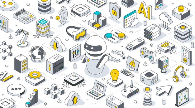 Vector tecnología isométrica de fondo 3d robot de ia rodeado de iconos de tecnología equipo de servidor