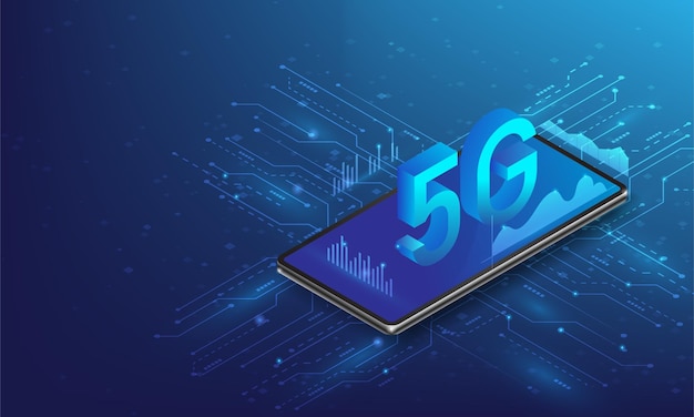 Tecnología isométrica inalámbrica de Internet 5g en el teléfono inteligente Red móvil de alta tecnología con conexión de alta velocidad ilustración vectorial Diseño de tecnología digital aislado en fondo azul oscuro