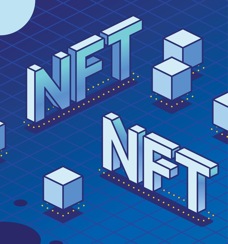 Vector tecnología isométrica nft blockchain dos palabras con cubos