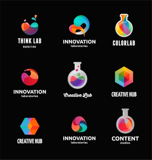 Tecnología, laboratorio, creatividad, innovación y ciencia, iconos y elementos abstractos