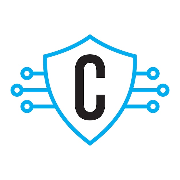 Tecnología en la letra C con plantilla de vector de símbolo de escudo