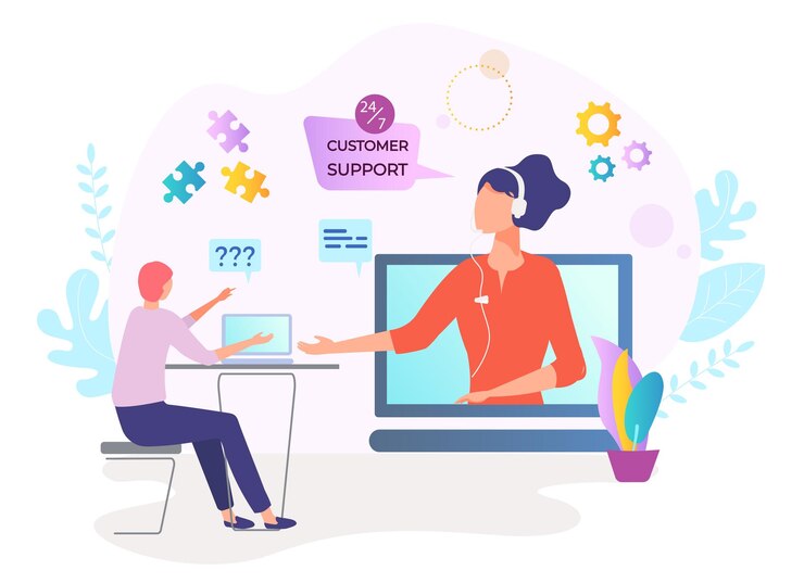 Vector tecnología en línea servicio al cliente mujer carácter internet call center cliente apoyo plano vector ilustración aislado en blanco
