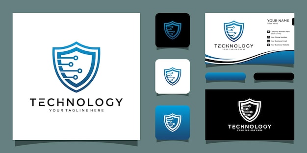 Tecnología de logotipo de seguridad para su empresa, logotipo de escudo para datos de seguridad y tarjeta de visita Vector Premium