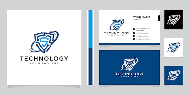 Tecnología de logotipo de seguridad para su empresa, logotipo de escudo para datos de seguridad y tarjeta de visita Vector Premium