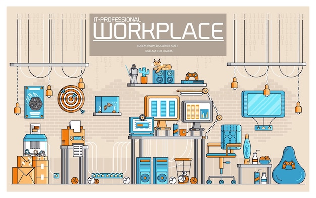 Tecnología de lugar de trabajo de desarrollador profesional de oficina de línea delgada plana