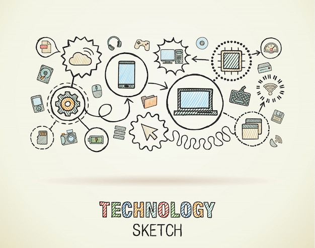 Tecnología mano dibujar integrar iconos en papel. Dibujo colorido ilustración infográfica. Pictogramas de doodle conectados, internet, digital, mercado, medios, computadora, concepto interactivo de red