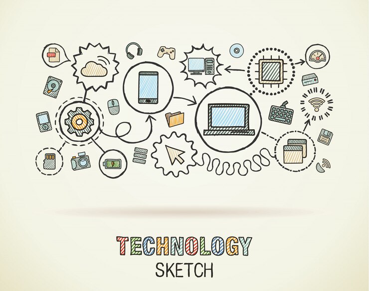 Vector tecnología mano dibujar integrar iconos en papel. dibujo colorido ilustración infográfica. pictogramas de doodle conectados, internet, digital, mercado, medios, computadora, concepto interactivo de red