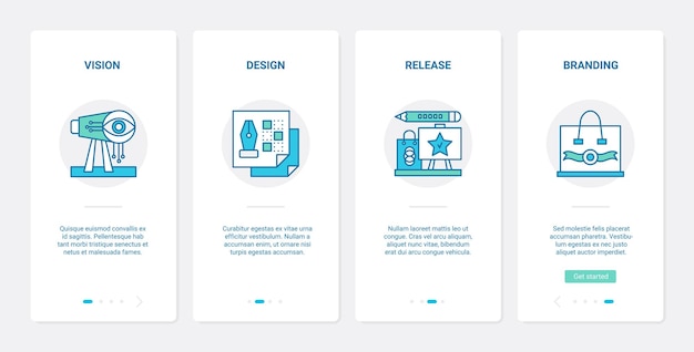 Tecnología de marca de línea de inicio de negocios ux ui onboarding conjunto de pantallas de página de aplicaciones móviles