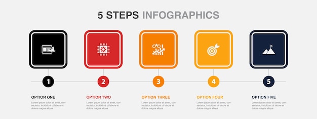 Tecnología de marketing de contenido pronóstico meta iconos de misión plantilla de diseño infográfico concepto creativo con 5 pasos