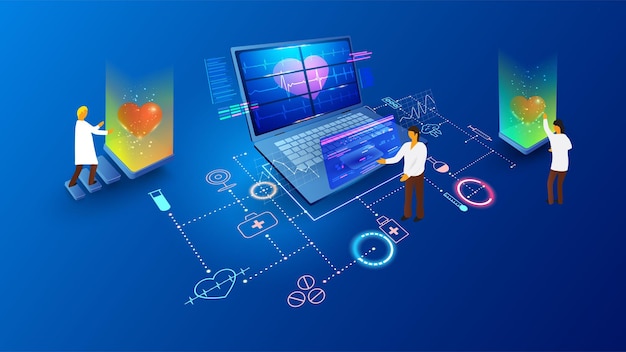 Tecnología médica digital Aplicación informática para el diagnóstico y la educación de la salud Negocio farmacéutico Dispositivos móviles y software de conexión de portátiles Concepto infográfico vectorial