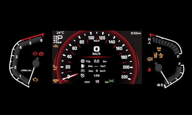 Tecnología de medidor de velocidad del tablero de instrumentos del automóvil diseño moderno futurista en fondo negro ilustración vectorial