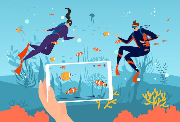 Tecnología moderna estilo de vida transmisión en vivo bajo el agua explorando buzo blogger transmisión de video plana