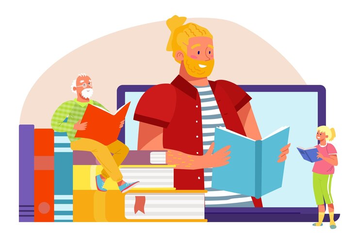 Vector tecnología moderna libro pila club en línea pequeño personaje leer libro de texto aplicación web plano vector ilustración aislado en blanco
