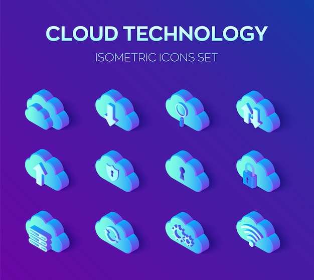 Tecnología en la nube. conjunto de iconos isométricos 3d