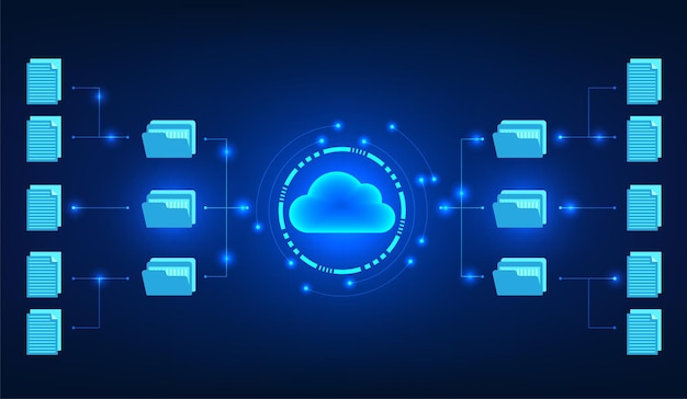 Vector tecnología en la nube dentro del círculo tecnológico junto con el círculo conectado al documento