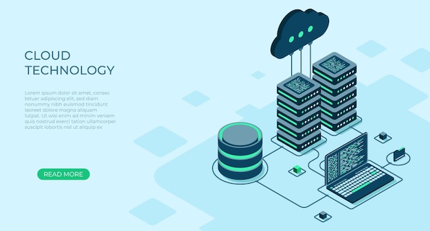 Tecnología de nube isométrica con centro de datos y computadora portátil Concepto de alojamiento web Concepto de computación de tecnología en la nube Tecnología de nube moderna Ilustración vectorial