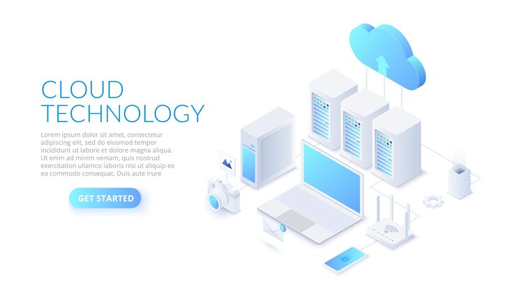 Vector tecnología de nube isométrica con computadora portátil de centro de datos y otros dispositivos concepto de alojamiento web