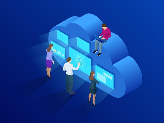 Tecnología de nube moderna isométrica y concepto de red. Negocio de tecnología de nube web. Ilustración de vector de servicios de datos de Internet.