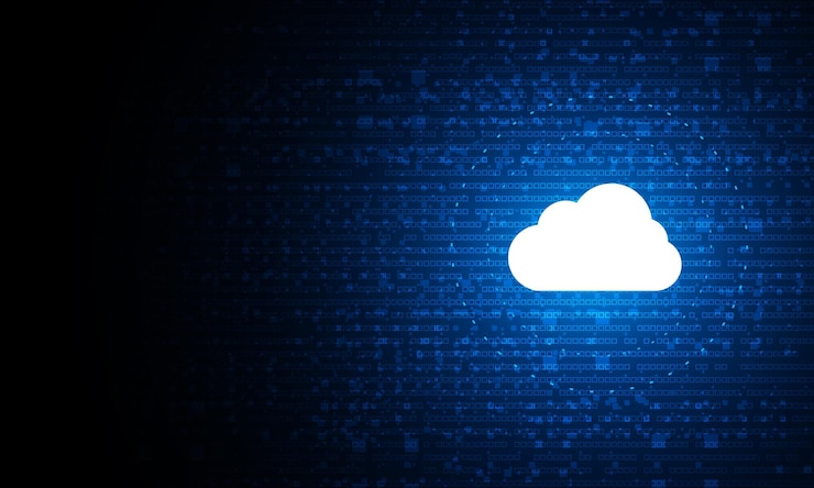 Vector tecnología de nube moderna, trabajo de almacenamiento en línea futurista desde casa