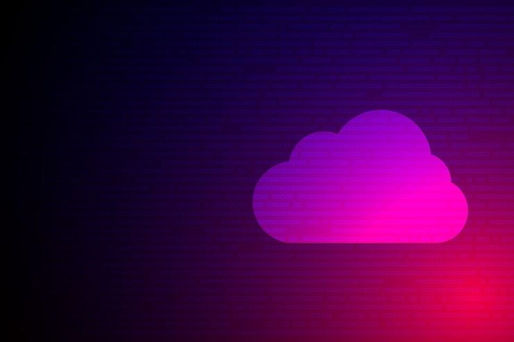 Vector tecnología de nube moderna, trabajo de almacenamiento en línea futurista desde casa