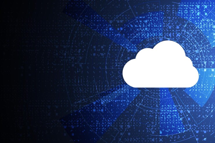 Vector tecnología de nube moderna, trabajo de almacenamiento en línea futurista desde casa