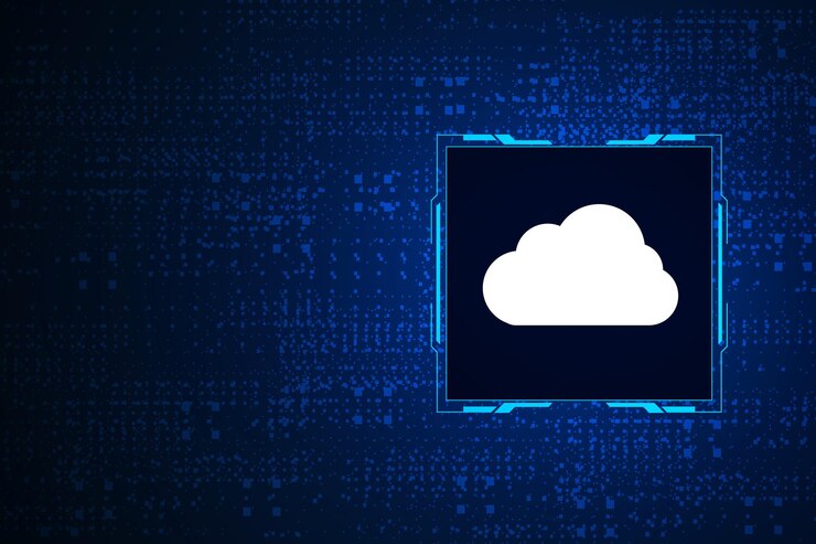 Vector tecnología de nube moderna, trabajo de almacenamiento en línea futurista desde casa