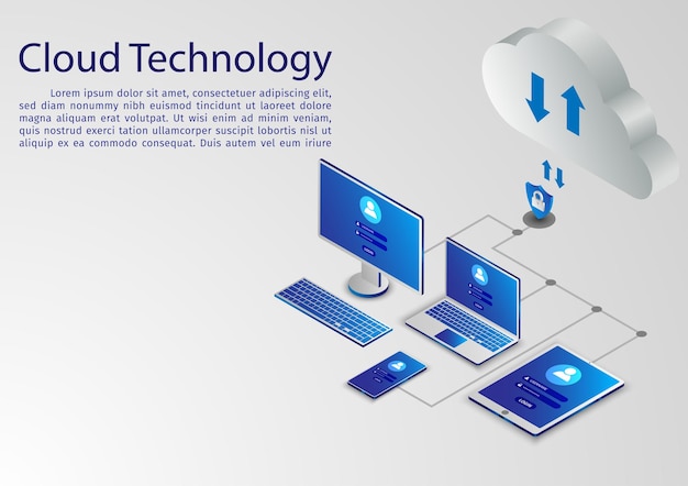 Tecnología de nube web isométrica negocio fondo futurista tecnología moderna de computación en nube