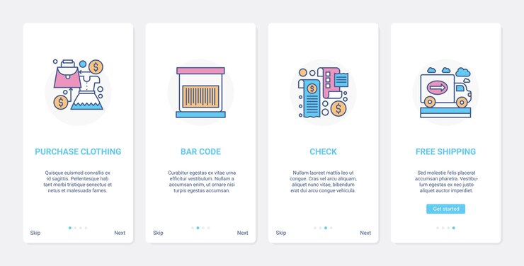 Vector tecnología de pago y entrega de compras ux ui onboarding conjunto de pantallas de la página de la aplicación móvil