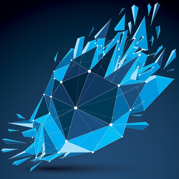Vector la tecnología de perspectiva demolió la forma con líneas punteadas blancas conectadas, objeto de estructura alámbrica azul poligonal. efecto de explosión, elemento facetado de hilo abstracto agrietado en múltiples fragmentos.