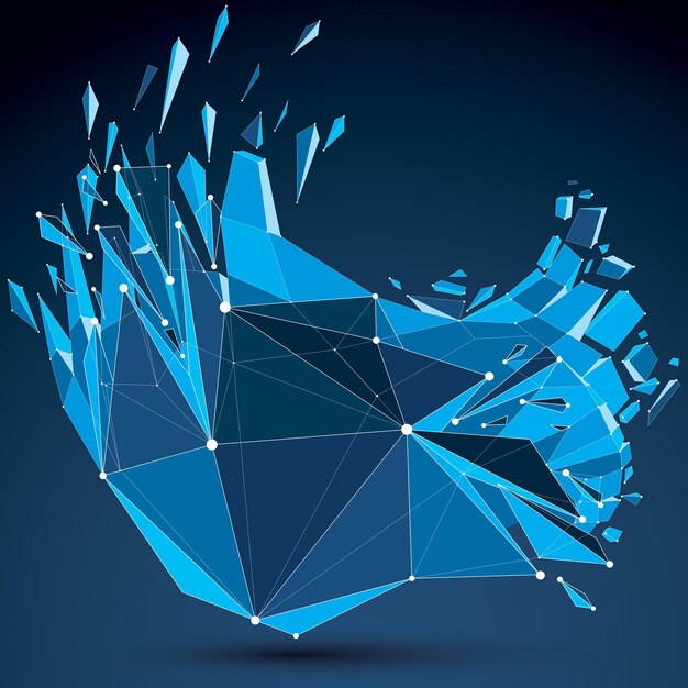 La tecnología de perspectiva demolió la forma con líneas punteadas blancas conectadas, objeto de estructura alámbrica azul poligonal. Efecto de explosión, elemento facetado de hilo abstracto agrietado en múltiples fragmentos.