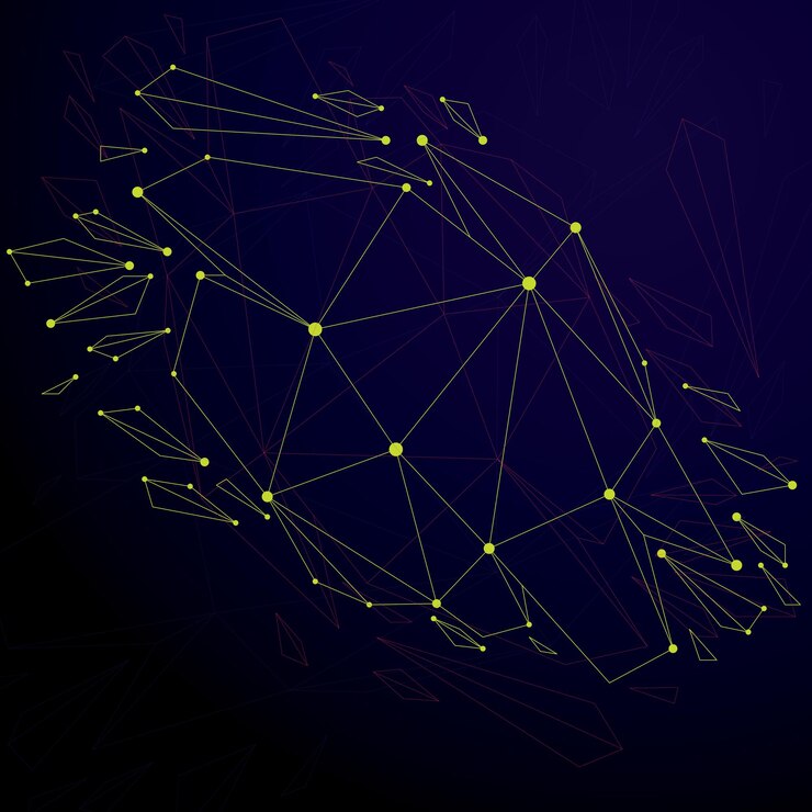 Vector la tecnología de perspectiva demolió la forma con líneas y puntos conectados, el objeto de estructura poligonal de la tecnología de comunicación. efecto de explosión, elemento facetado abstracto roto en fragmentos.