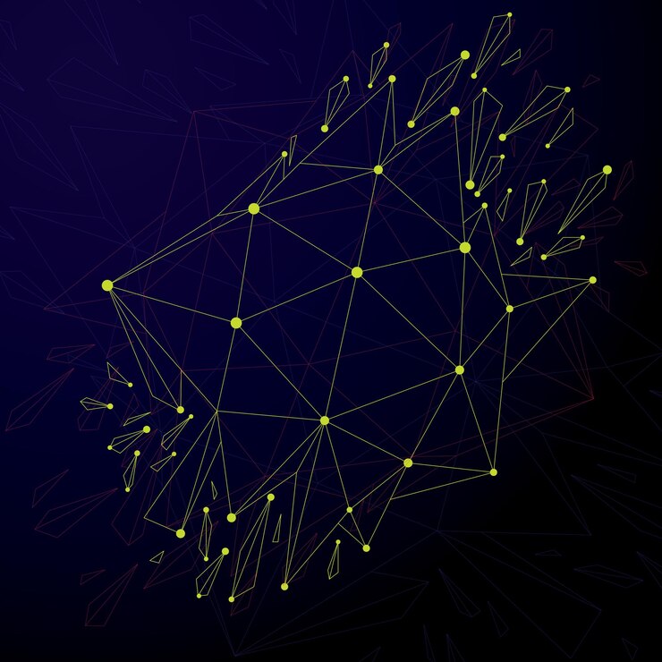 Vector la tecnología de perspectiva demolió la forma con líneas y puntos conectados, el objeto de estructura poligonal de la tecnología de comunicación. efecto de explosión, elemento facetado abstracto roto en fragmentos.
