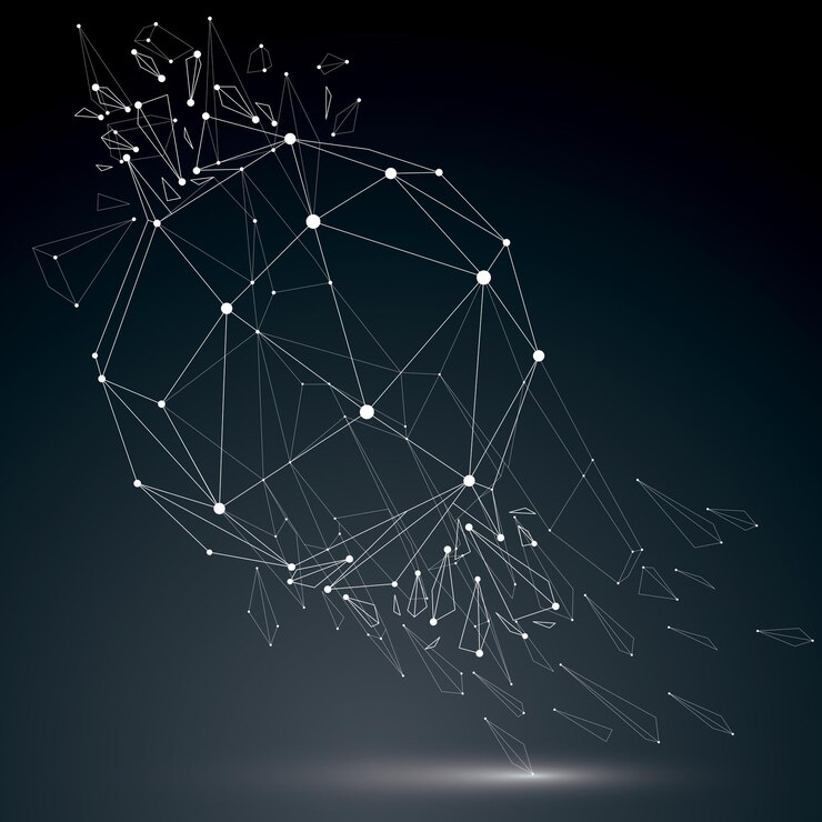 Vector la tecnología de perspectiva demolió la forma con puntos y líneas blancas conectadas luminiscentes, objeto de estructura alámbrica poligonal. efecto de explosión, elemento facetado abstracto roto en múltiples fragmentos.