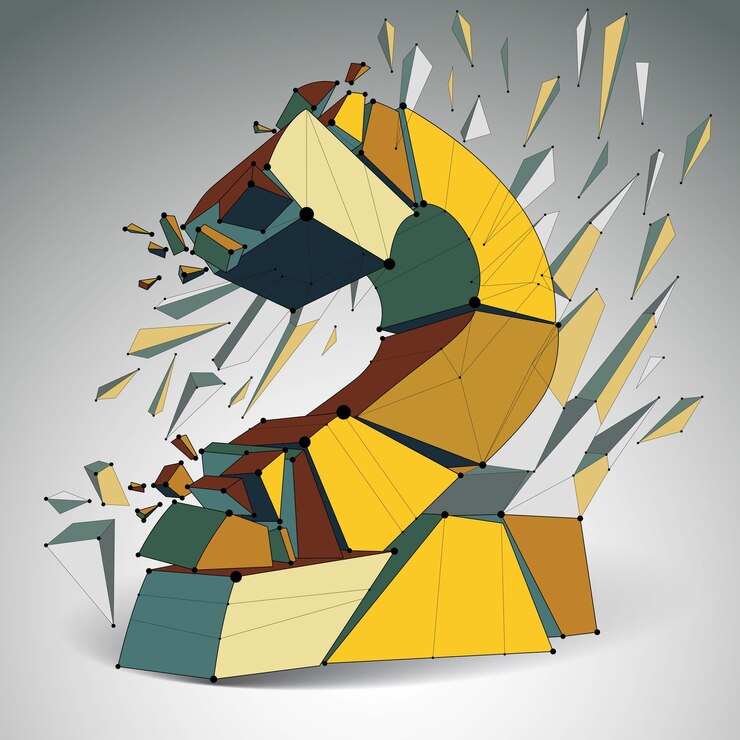Vector la tecnología de perspectiva demolió el número 2 con líneas negras y puntos conectados, fuente de estructura poligonal. efecto de explosión, elemento facetado colorido abstracto agrietado en múltiples fragmentos.