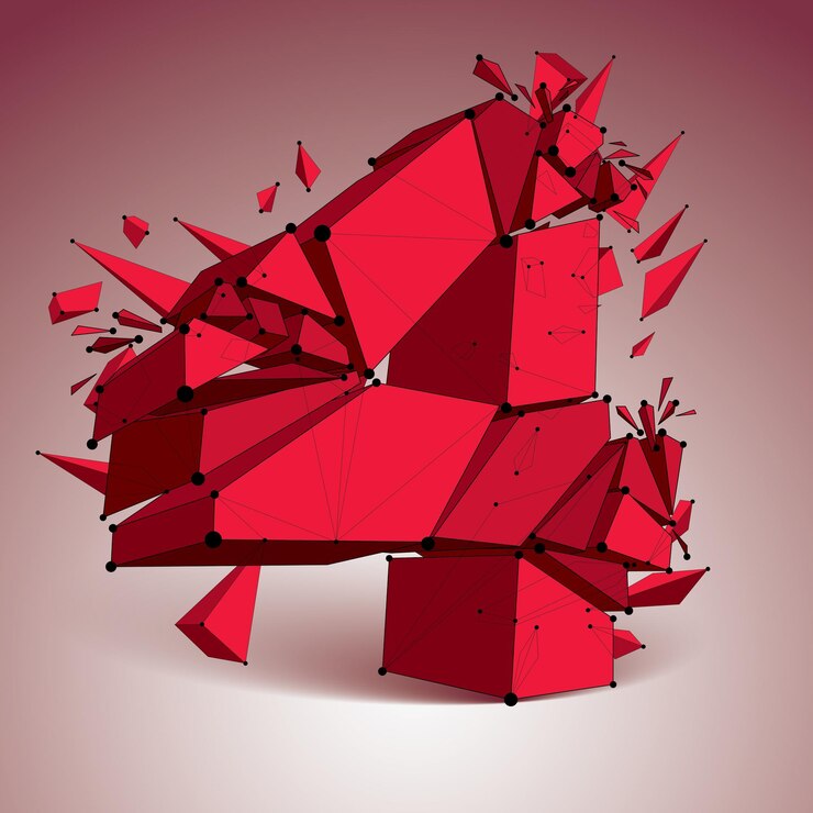 Vector la tecnología de perspectiva demolió el número 4 rojo con líneas negras y puntos conectados, fuente poligonal de estructura alámbrica. efecto de explosión, elemento facetado abstracto roto en múltiples fragmentos.