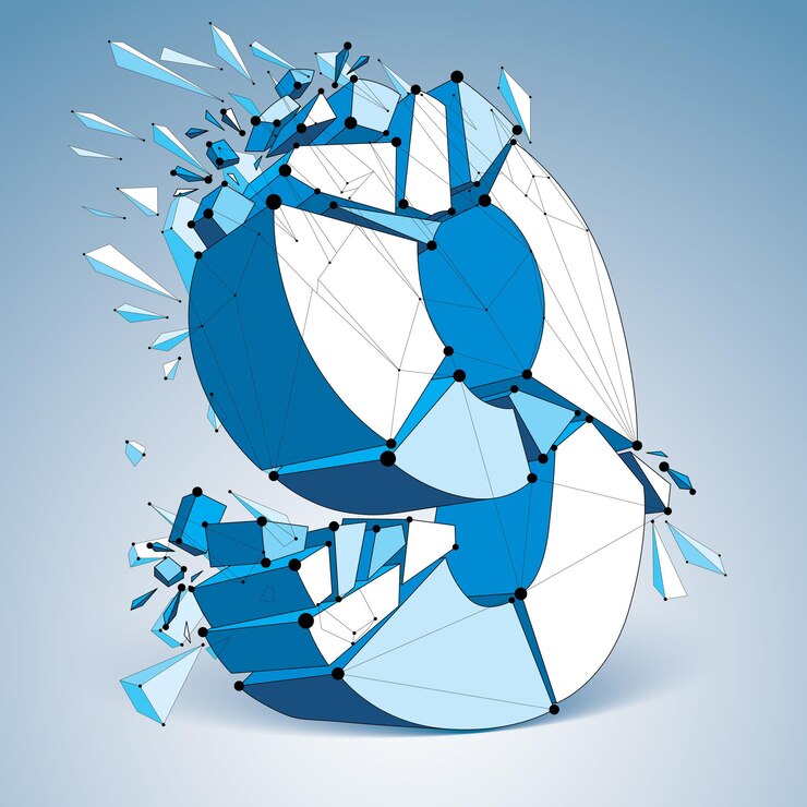 Vector la tecnología de perspectiva demolió el número 9 con líneas negras y puntos conectados, fuente azul de estructura alámbrica poligonal. efecto de explosión, elemento facetado abstracto roto en múltiples fragmentos.