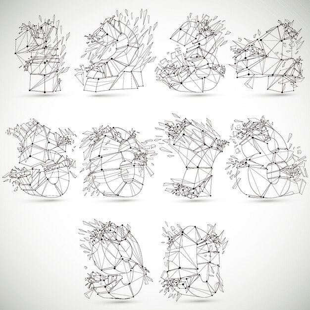 Tecnología de perspectiva números demolidos con líneas negras y puntos conectados marco de alambre poligonal f