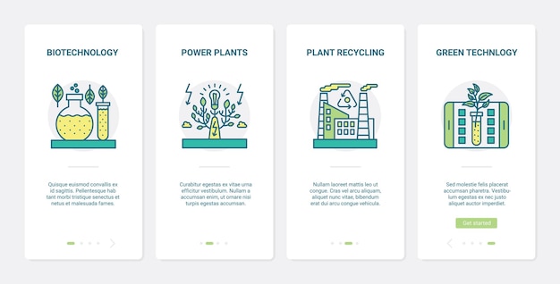 Tecnología de producción de bioenergía ecológica UX, conjunto de pantallas de página de aplicaciones móviles de incorporación de interfaz de usuario